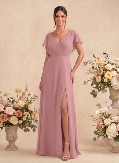 A-Line V-Neck Short Sleeves Floor-Length Chiffon Bridesmaid Dresses With Back Hole