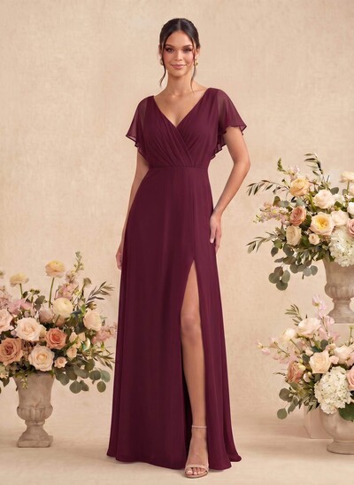 A-Line V-Neck Short Sleeves Floor-Length Chiffon Bridesmaid Dresses With Back Hole