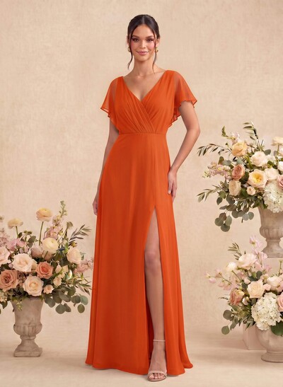 A-Line V-Neck Short Sleeves Floor-Length Chiffon Bridesmaid Dresses With Back Hole