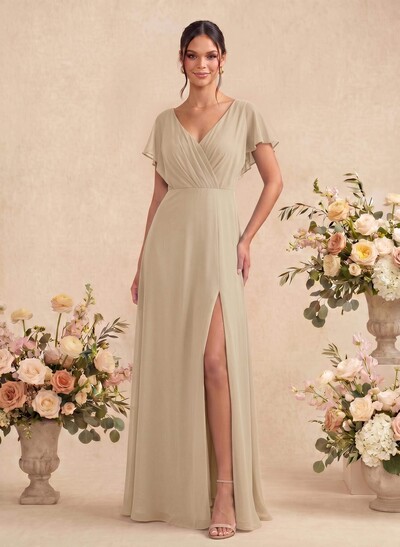 A-Line V-Neck Short Sleeves Floor-Length Chiffon Bridesmaid Dresses With Back Hole