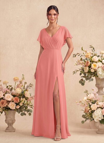 A-Line V-Neck Short Sleeves Floor-Length Chiffon Bridesmaid Dresses With Back Hole