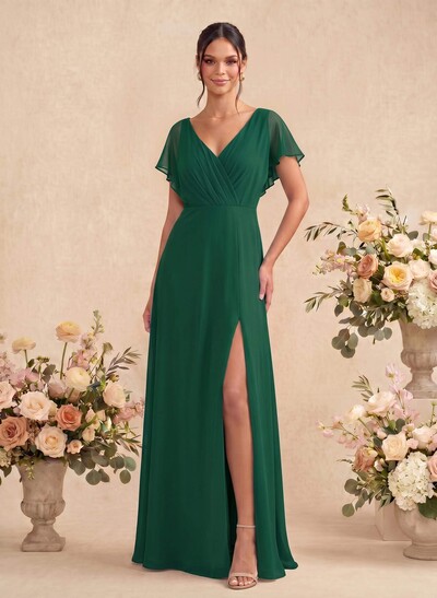 A-Line V-Neck Short Sleeves Floor-Length Chiffon Bridesmaid Dresses With Back Hole