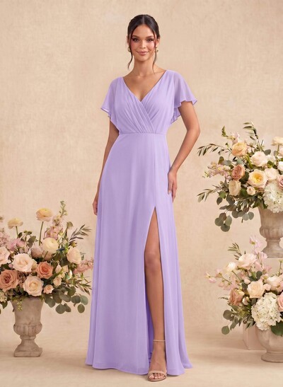 A-Line V-Neck Short Sleeves Floor-Length Chiffon Bridesmaid Dresses With Back Hole