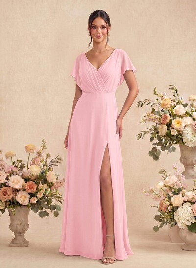 A-Line V-Neck Short Sleeves Floor-Length Chiffon Bridesmaid Dresses With Back Hole