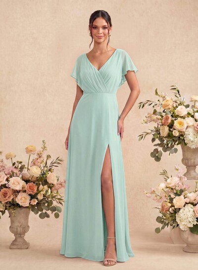 A-Line V-Neck Short Sleeves Floor-Length Chiffon Bridesmaid Dresses With Back Hole