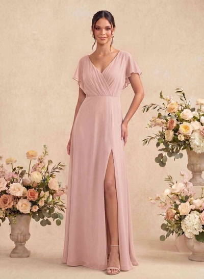 A-Line V-Neck Short Sleeves Floor-Length Chiffon Bridesmaid Dresses With Back Hole