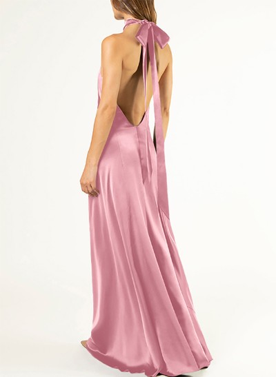 Sheath/Column Halter Silk Like Satin Bridesmaid Dresses With Back Hole