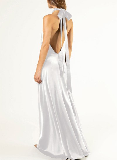 Sheath/Column Halter Silk Like Satin Bridesmaid Dresses With Back Hole