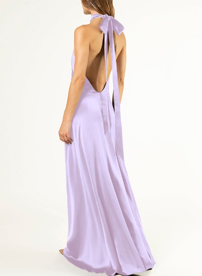 Sheath/Column Halter Silk Like Satin Bridesmaid Dresses With Back Hole