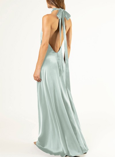 Sheath/Column Halter Silk Like Satin Bridesmaid Dresses With Back Hole