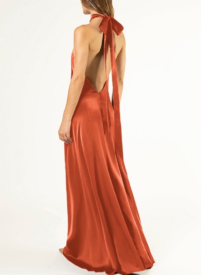 Sheath/Column Halter Silk Like Satin Bridesmaid Dresses With Back Hole