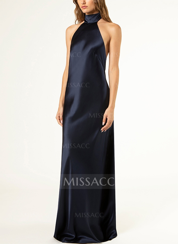 Sheath/Column Halter Silk Like Satin Bridesmaid Dresses With Back Hole