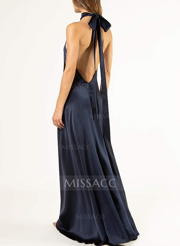 Sheath/Column Halter Silk Like Satin Bridesmaid Dresses With Back Hole