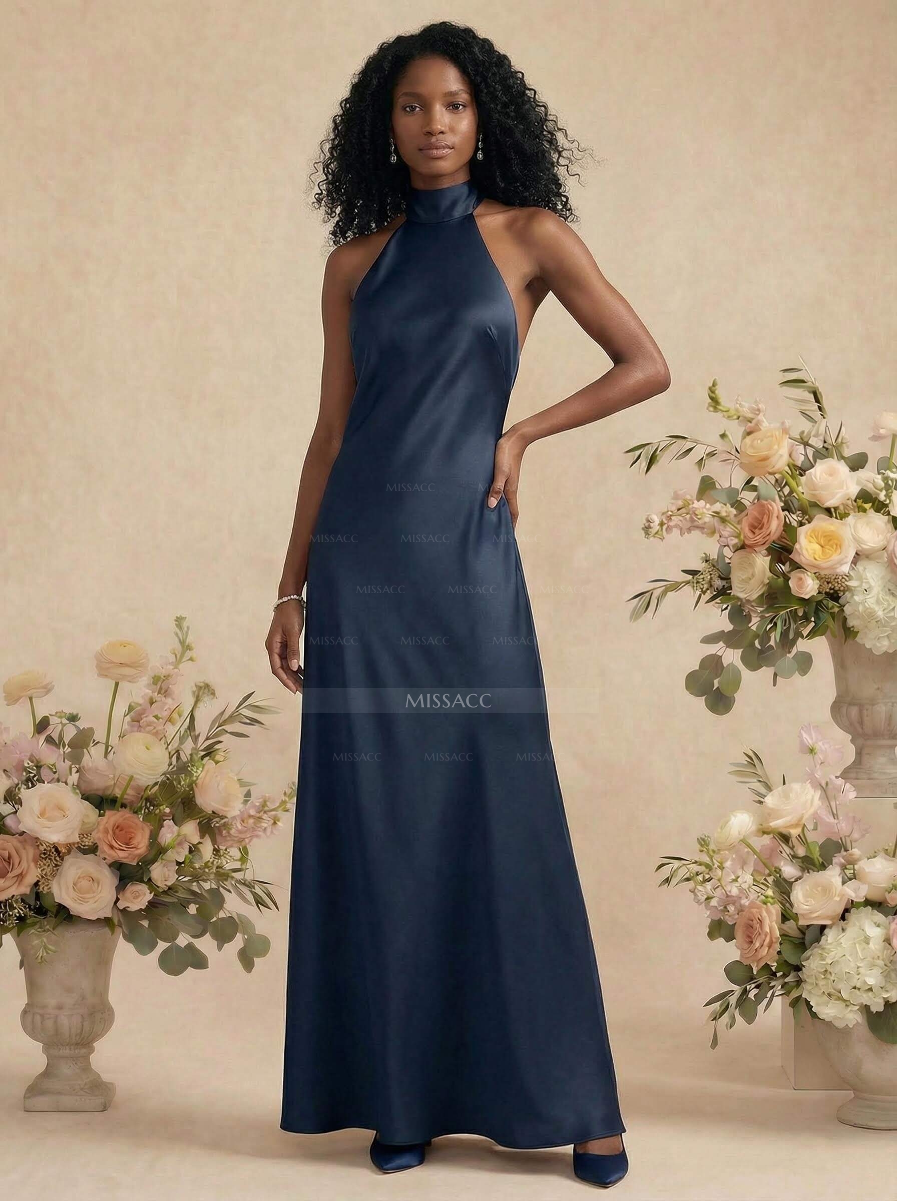 Sheath/Column Halter Silk Like Satin Bridesmaid Dresses With Back Hole