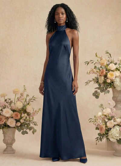 Sheath/Column Halter Silk Like Satin Bridesmaid Dresses With Back Hole