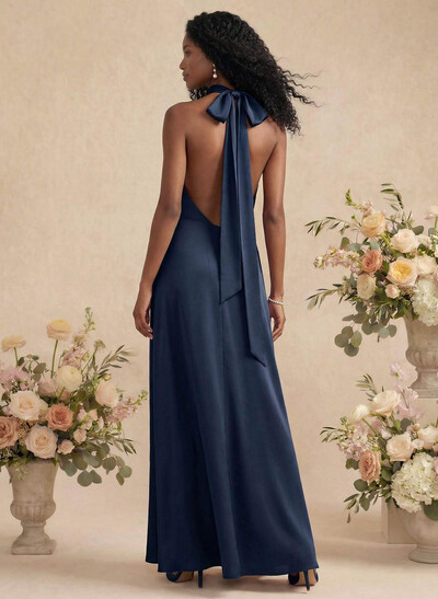 Sheath/Column Halter Silk Like Satin Bridesmaid Dresses With Back Hole