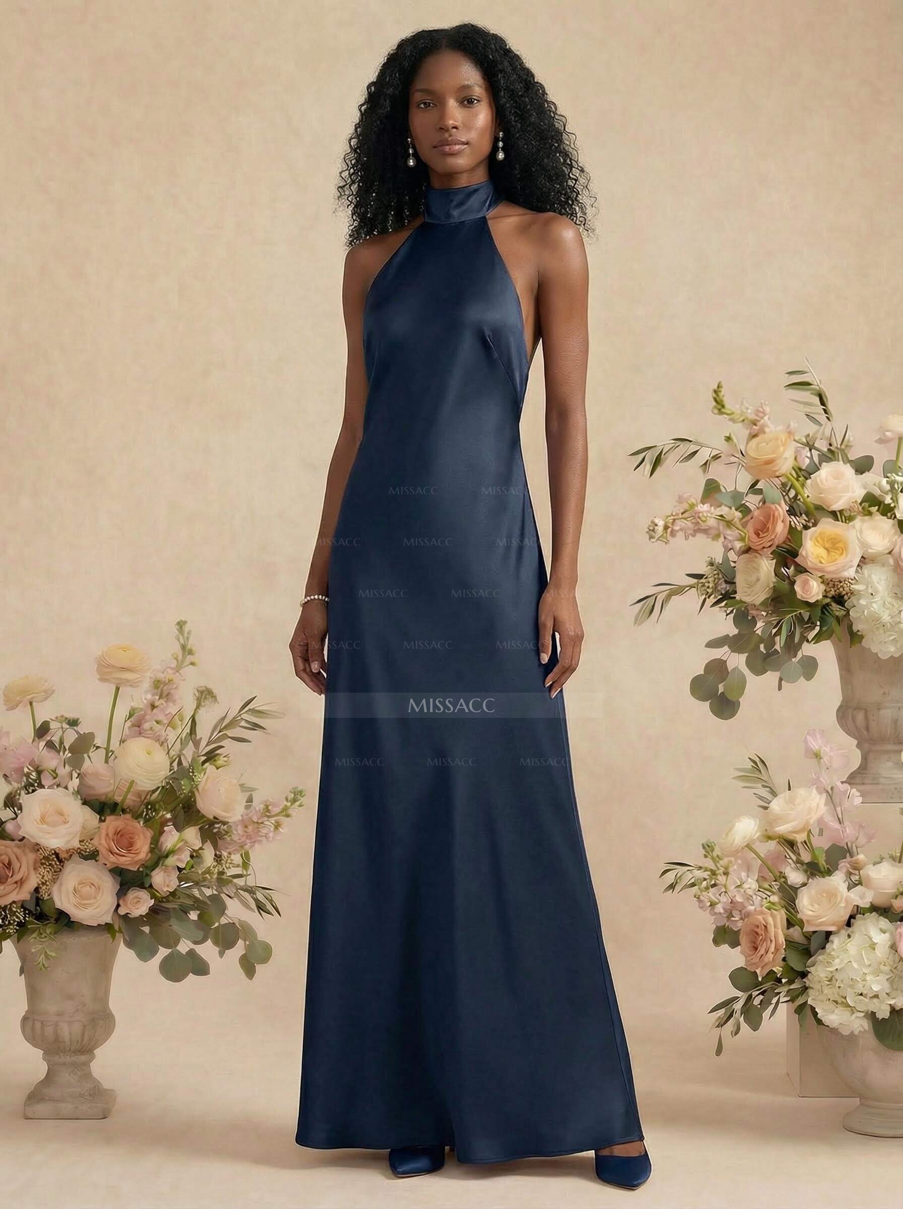 Sheath/Column Halter Silk Like Satin Bridesmaid Dresses With Back Hole