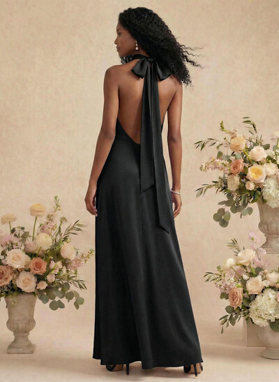 Sheath/Column Halter Silk Like Satin Bridesmaid Dresses With Back Hole