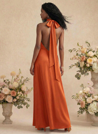 Sheath/Column Halter Silk Like Satin Bridesmaid Dresses With Back Hole