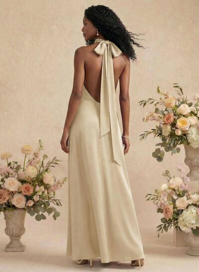 Sheath/Column Halter Silk Like Satin Bridesmaid Dresses With Back Hole