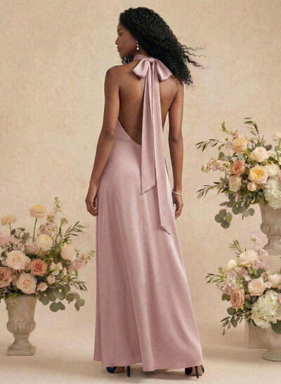Sheath/Column Halter Silk Like Satin Bridesmaid Dresses With Back Hole