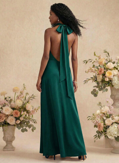 Sheath/Column Halter Silk Like Satin Bridesmaid Dresses With Back Hole