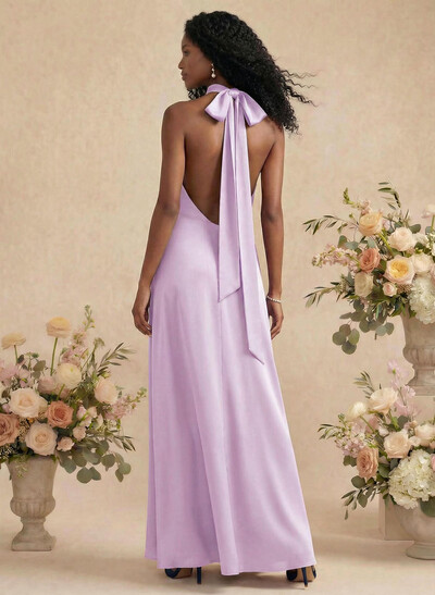 Sheath/Column Halter Silk Like Satin Bridesmaid Dresses With Back Hole