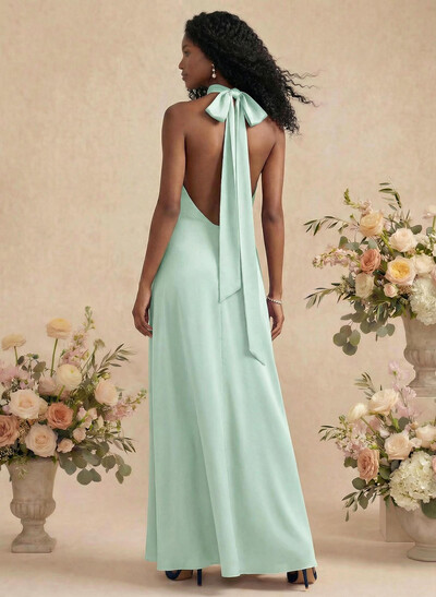 Sheath/Column Halter Silk Like Satin Bridesmaid Dresses With Back Hole