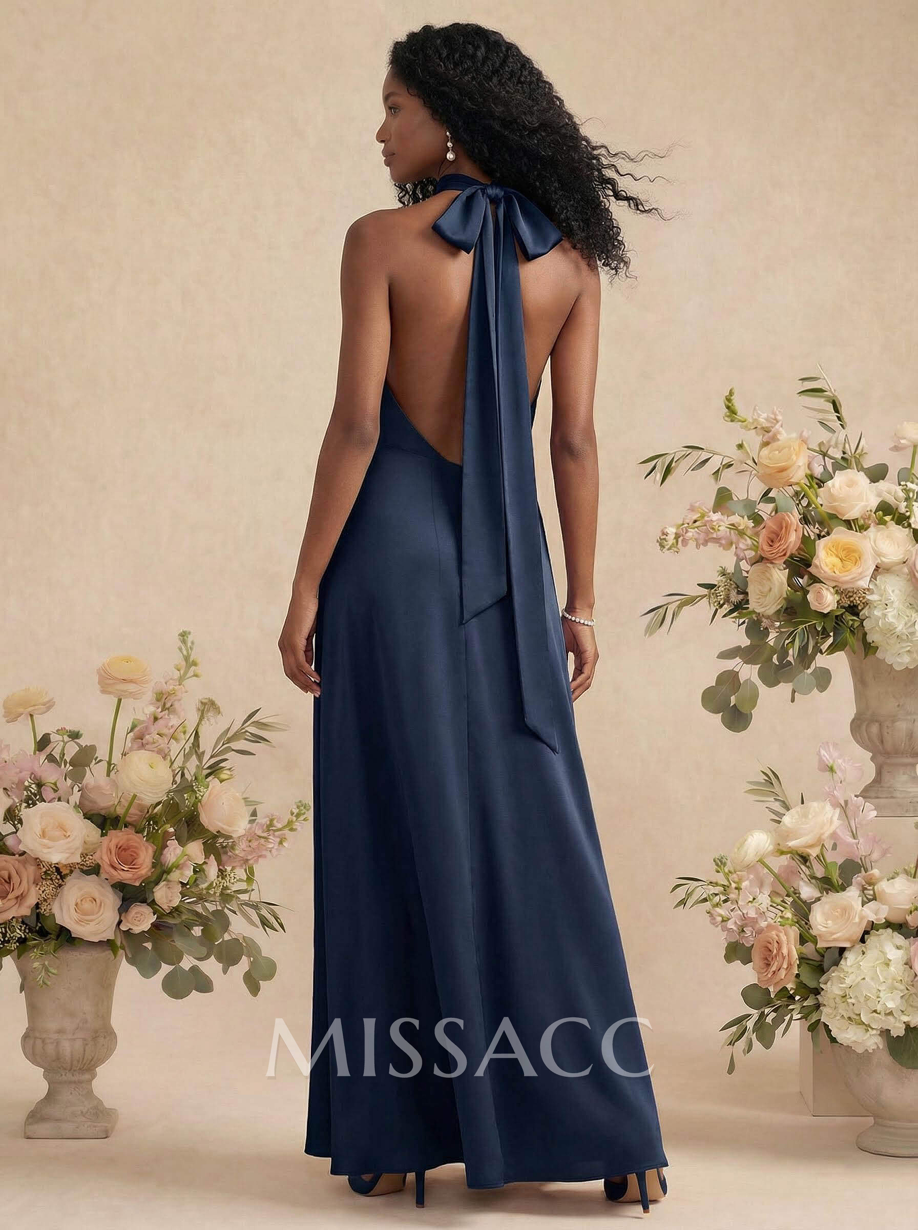 Sheath/Column Halter Silk Like Satin Bridesmaid Dresses With Back Hole Sheath/Column Halter Silk Like Satin Bridesmaid Dresses With Back Hole
