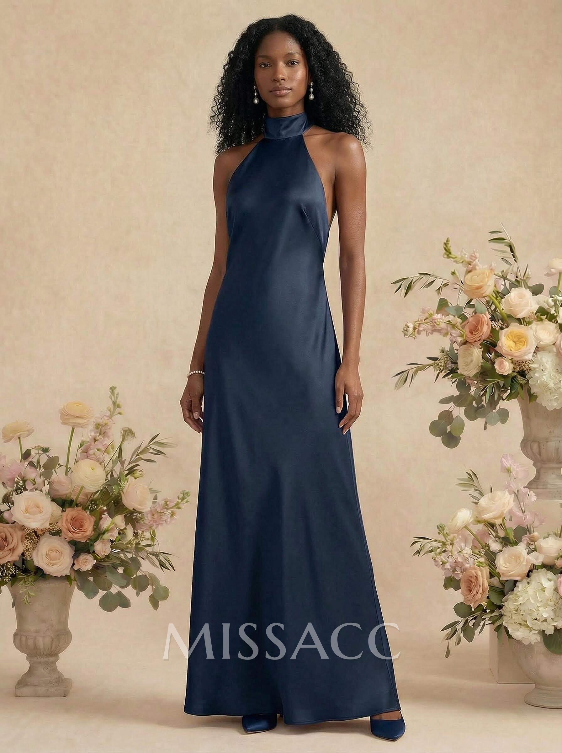 Sheath/Column Halter Silk Like Satin Bridesmaid Dresses With Back Hole Sheath/Column Halter Silk Like Satin Bridesmaid Dresses With Back Hole