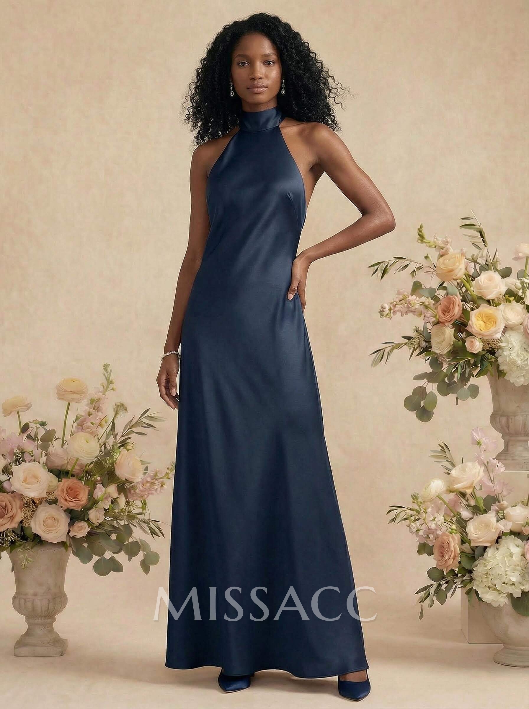 Sheath/Column Halter Silk Like Satin Bridesmaid Dresses With Back Hole Sheath/Column Halter Silk Like Satin Bridesmaid Dresses With Back Hole