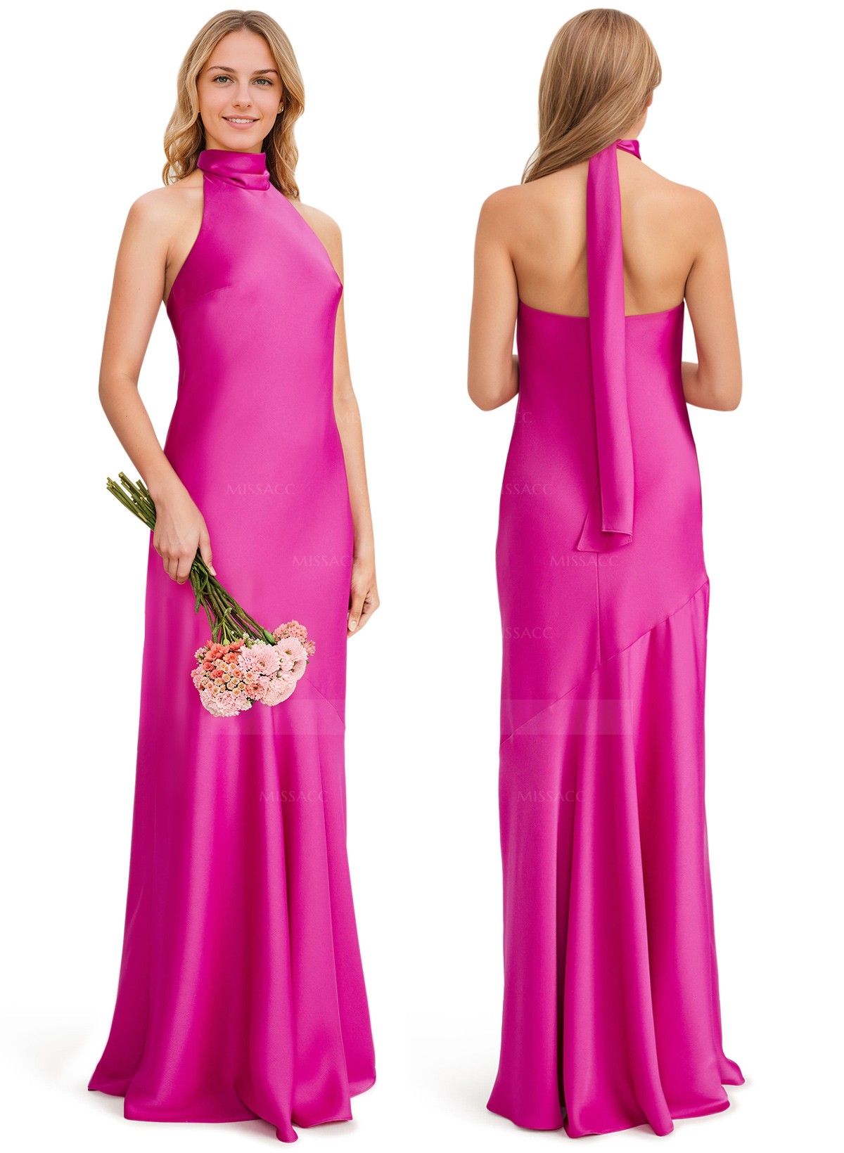 Sheath/Column Halter Silk Like Satin Bridesmaid Dresses With Back Hole