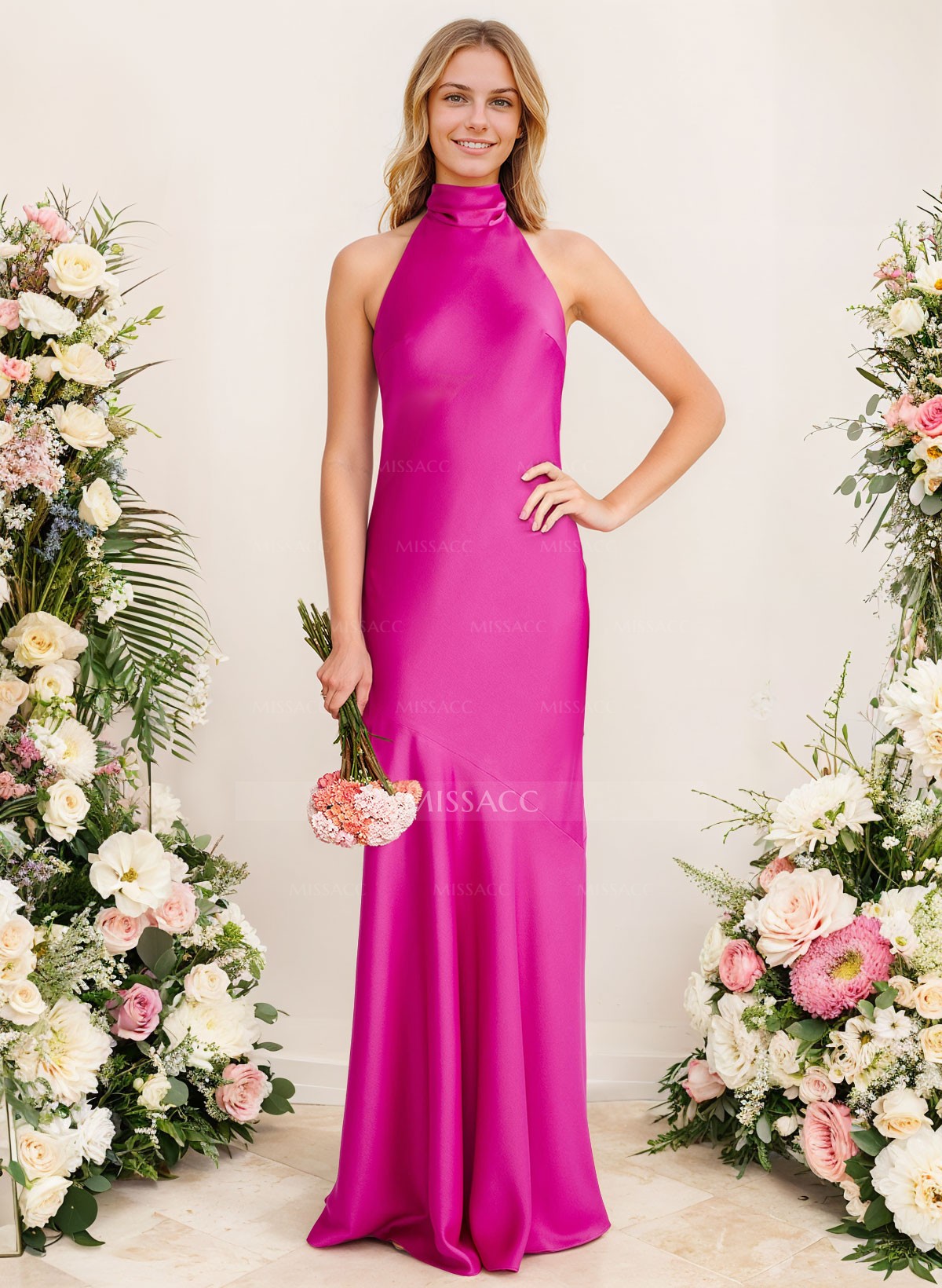 Sheath/Column Halter Silk Like Satin Bridesmaid Dresses With Back Hole