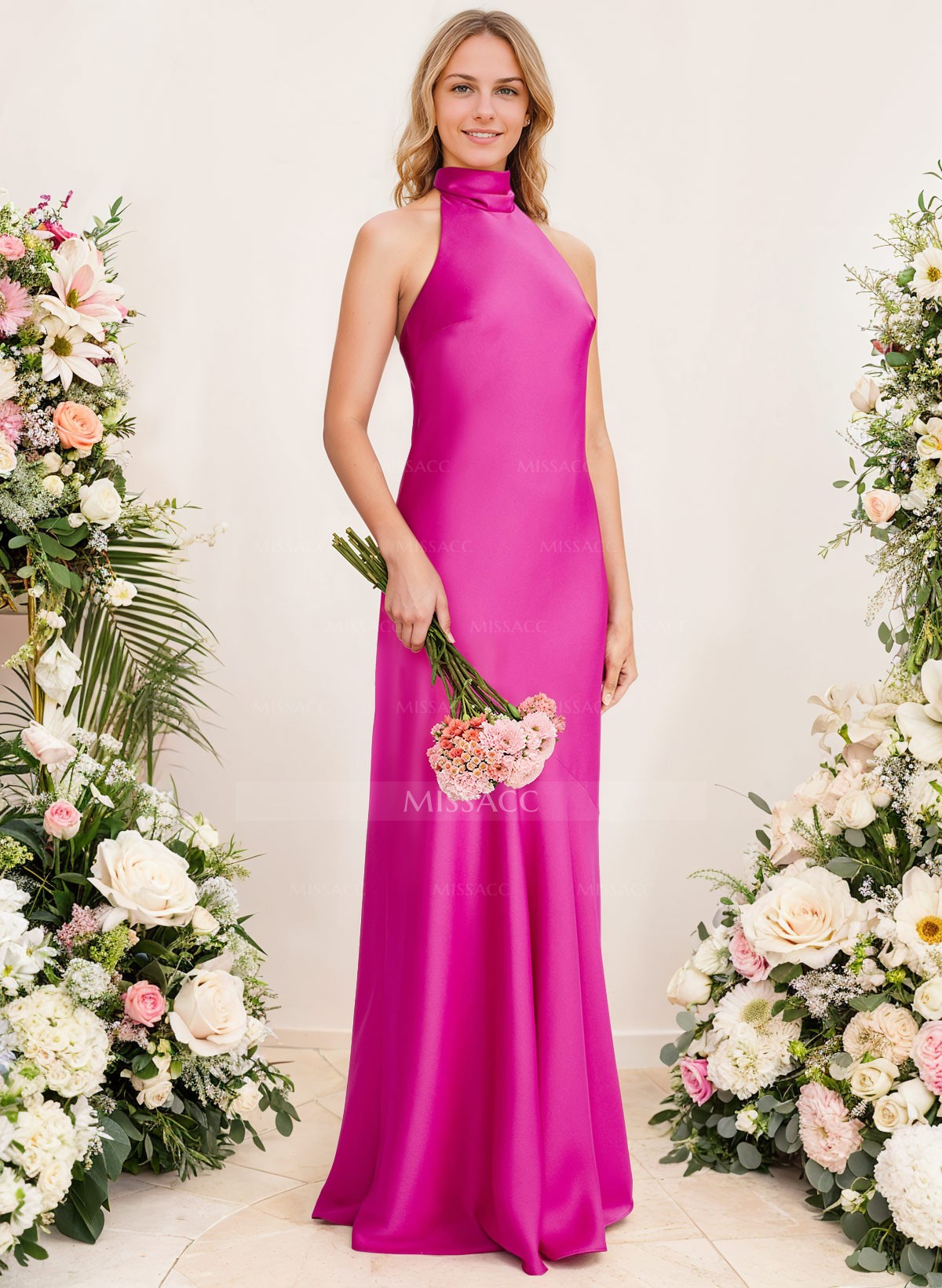 Sheath/Column Halter Silk Like Satin Bridesmaid Dresses With Back Hole