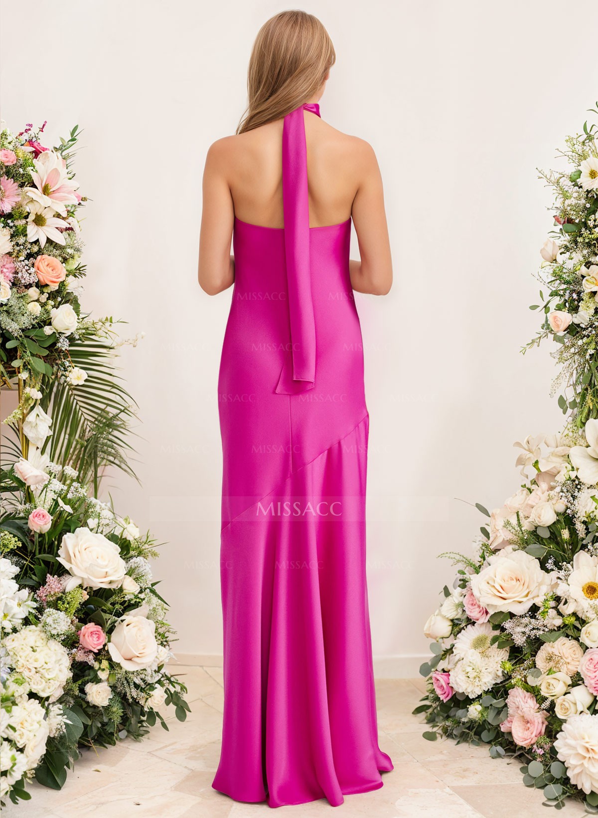 Sheath/Column Halter Silk Like Satin Bridesmaid Dresses With Back Hole