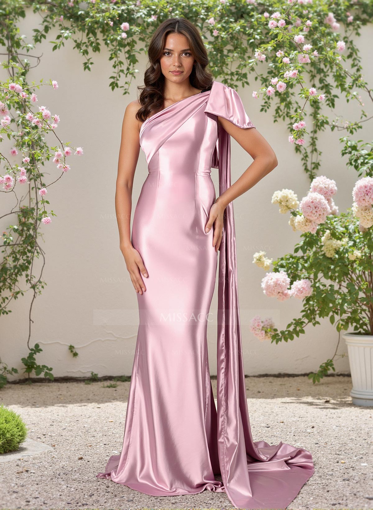 Sheath/Column One-Shoulder Charmeuse Bridesmaid Dresses With Bow(s)