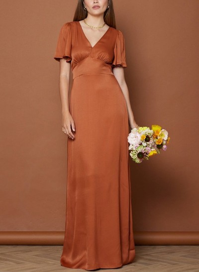A-Line V-Neck Short Sleeves Floor-Length Silk Like Satin Bridesmaid Dresses