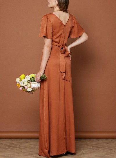 A-Line V-Neck Short Sleeves Floor-Length Silk Like Satin Bridesmaid Dresses