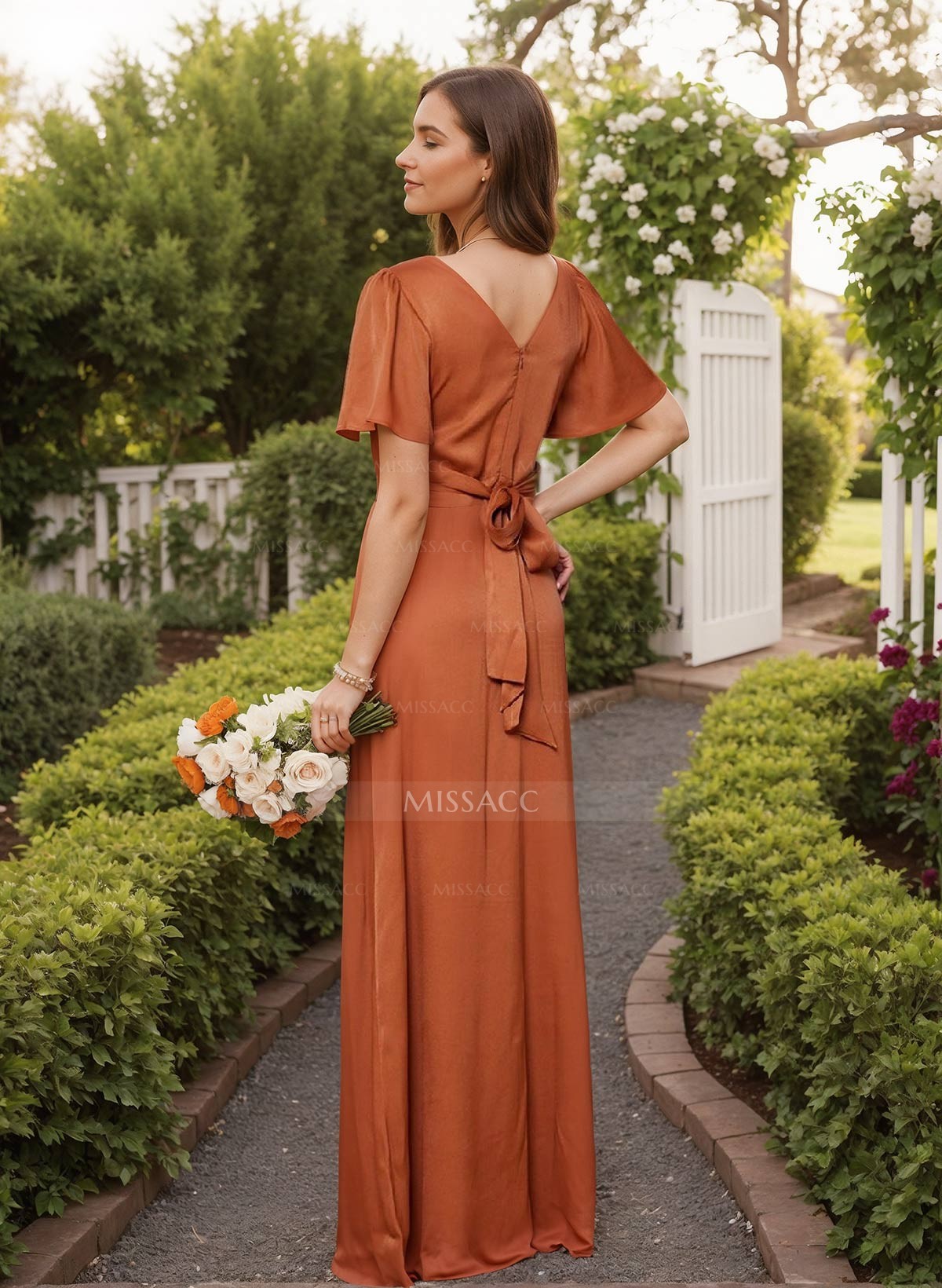 A-Line V-Neck Short Sleeves Floor-Length Silk Like Satin Bridesmaid Dresses