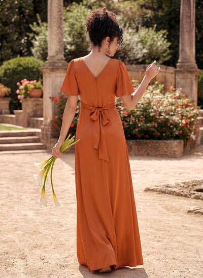 A-Line V-Neck Short Sleeves Floor-Length Silk Like Satin Bridesmaid Dresses