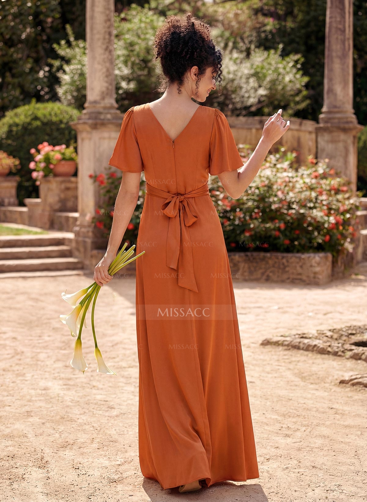 A-Line V-Neck Short Sleeves Floor-Length Silk Like Satin Bridesmaid Dresses