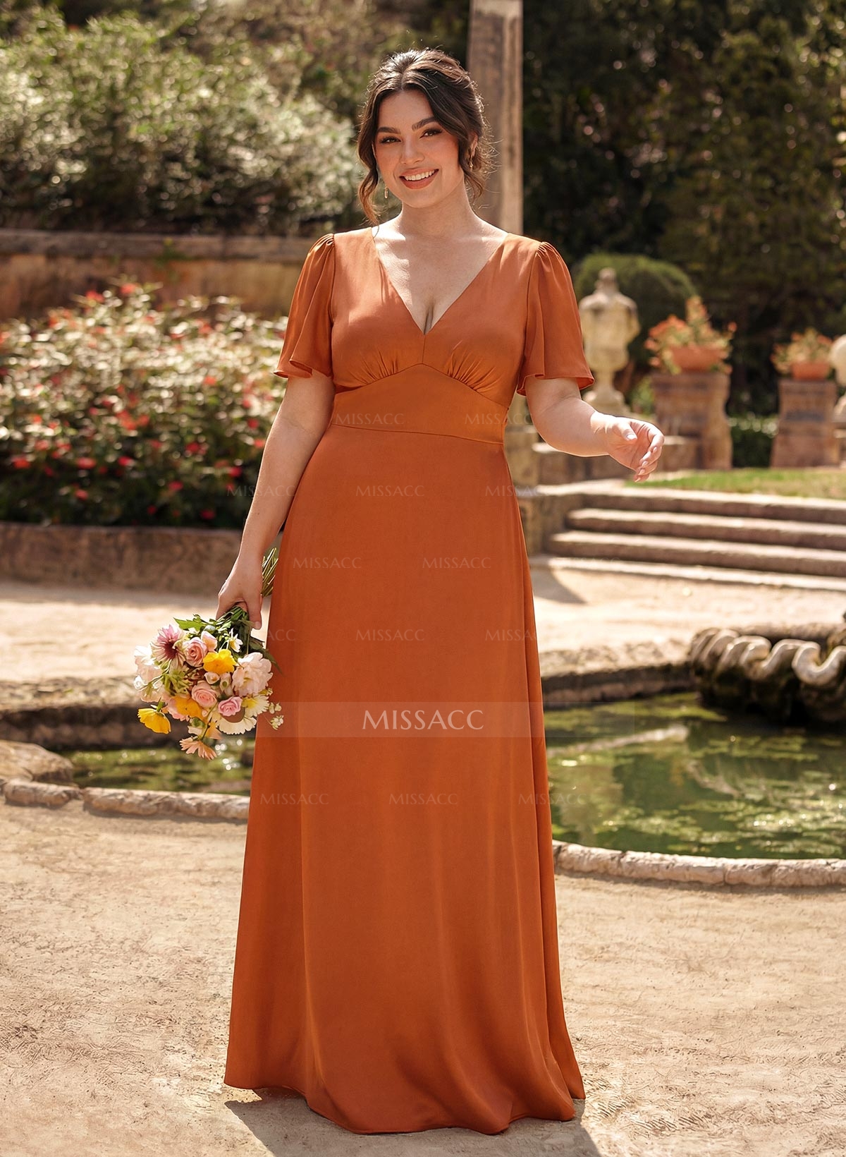 A-Line V-Neck Short Sleeves Floor-Length Silk Like Satin Bridesmaid Dresses