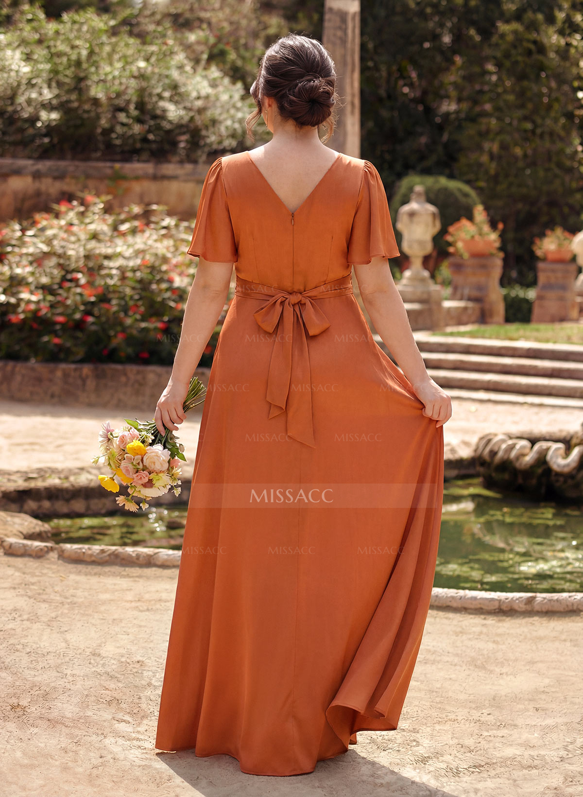 A-Line V-Neck Short Sleeves Floor-Length Silk Like Satin Bridesmaid Dresses