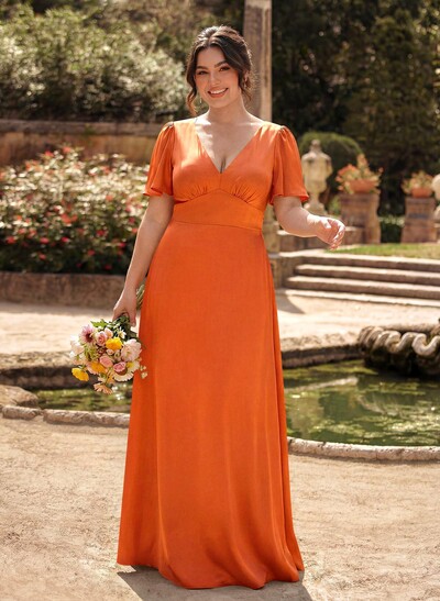 A-Line V-Neck Short Sleeves Floor-Length Silk Like Satin Bridesmaid Dresses