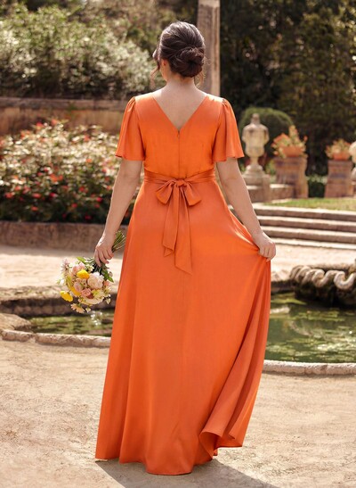 A-Line V-Neck Short Sleeves Floor-Length Silk Like Satin Bridesmaid Dresses