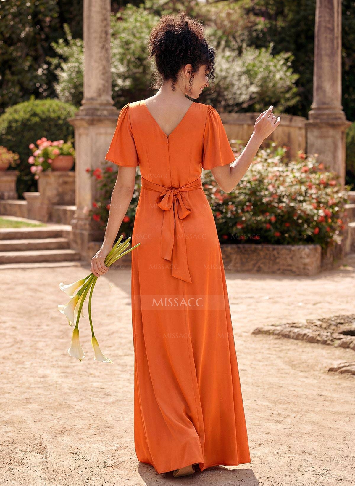 A-Line V-Neck Short Sleeves Floor-Length Silk Like Satin Bridesmaid Dresses