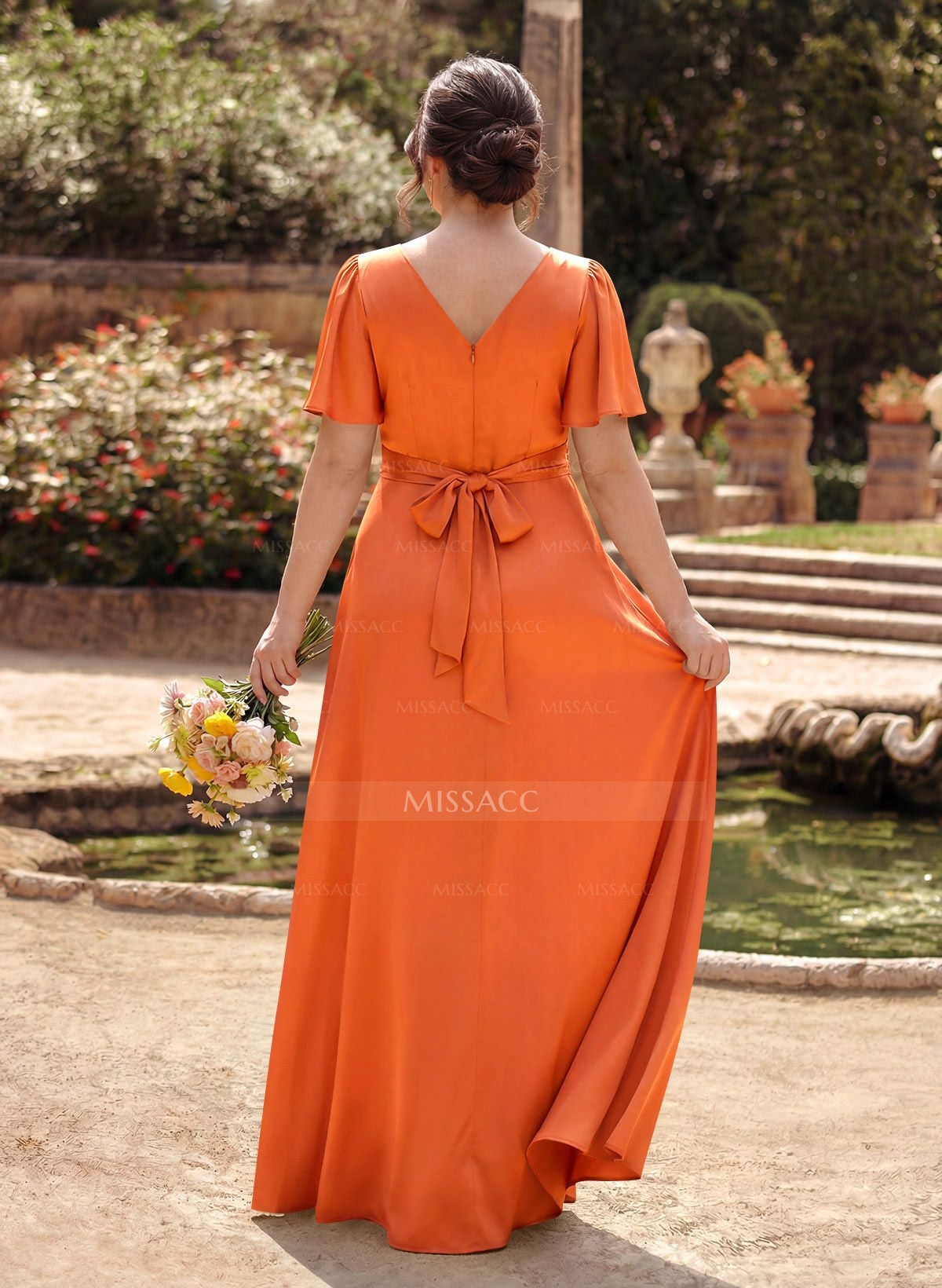 A-Line V-Neck Short Sleeves Floor-Length Silk Like Satin Bridesmaid Dresses
