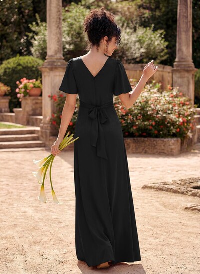 A-Line V-Neck Short Sleeves Floor-Length Silk Like Satin Bridesmaid Dresses