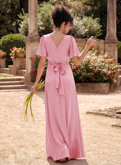 A-Line V-Neck Short Sleeves Floor-Length Silk Like Satin Bridesmaid Dresses