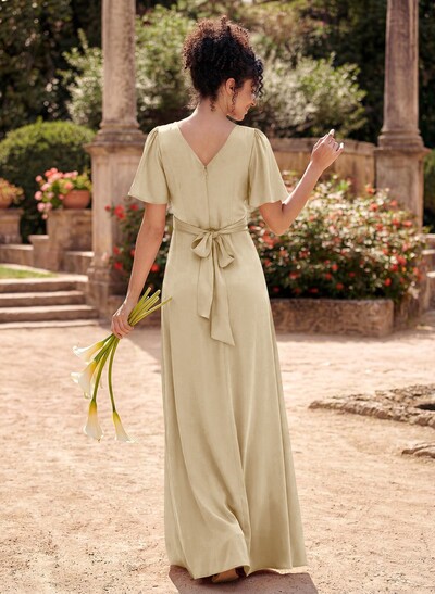 A-Line V-Neck Short Sleeves Floor-Length Silk Like Satin Bridesmaid Dresses